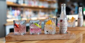 A selection of different gins served in cut-glass tumblers and presented on a wooden board at The Gintrap, the best restaurant in Napier.